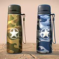 Two Camouflage Pattern Thermal Cups With White Star Logo And Carabiner Straps