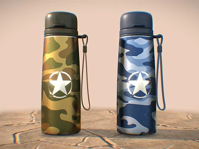 Two Camouflage Pattern Thermal Cups With White Star Logo And Carabiner Straps 3d model