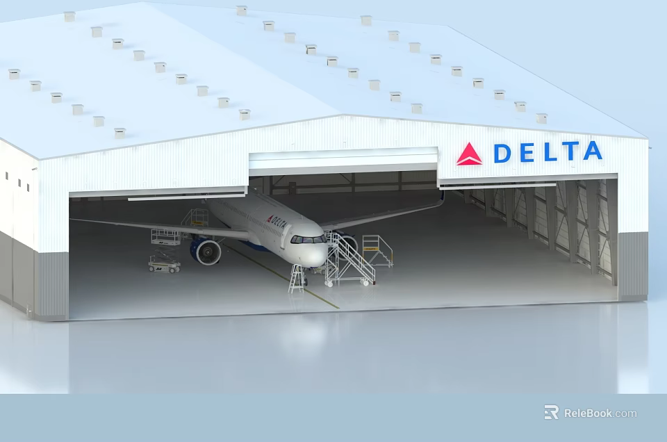 Delta Aircraft Parked Inside Modern Hangar Facility With Maintenance Tools And Ceiling Lights 3d model