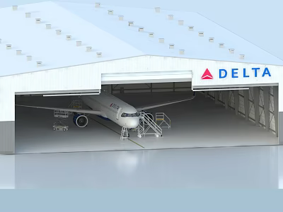 Delta Aircraft Parked Inside Modern Hangar Facility With Maintenance Tools And Ceiling Lights 3d model