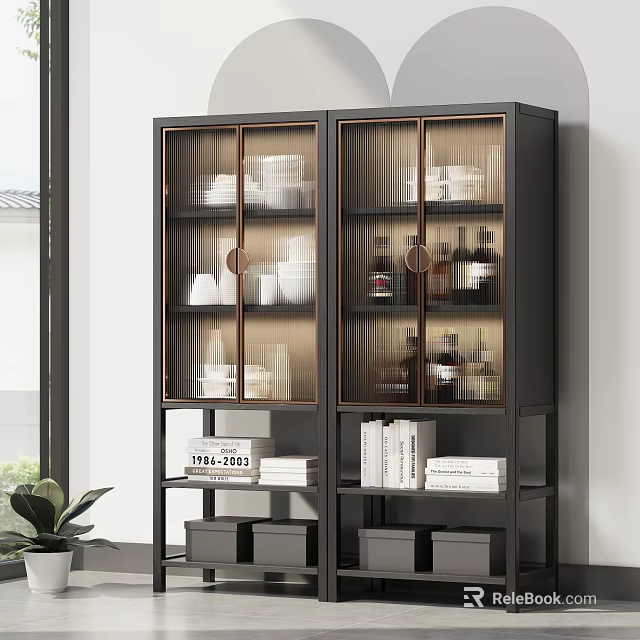 Modern Sideboard With Glass Doors Tableware Wine Bottles And Storage Space 3d model 
