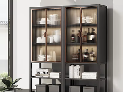 Modern Sideboard With Glass Doors Tableware Wine Bottles And Storage Space 3d model