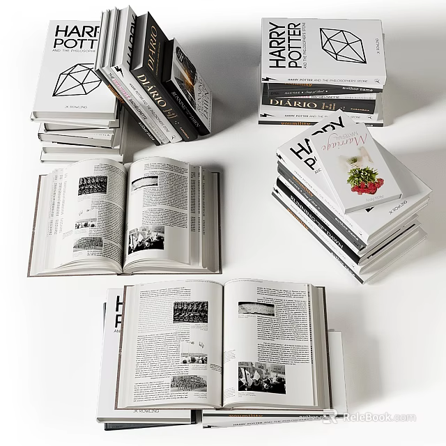 Books Magazines Display With Open And Stacked Volumes 3d model 