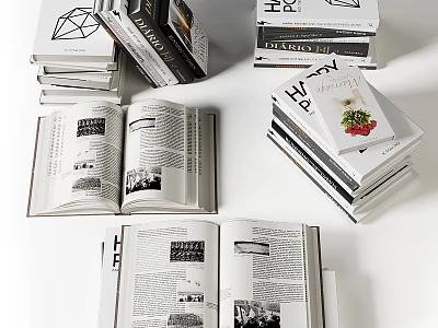 Books Magazines Display With Open And Stacked Volumes 3d model