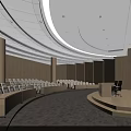 Large Tiered Modern Conference Room Design With Wooden Walls Large Screen Podium And Organized Seats