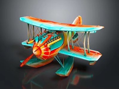 Colorful Biplane Passenger Aircraft With Floats 3d model