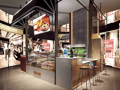 Modern Restaurant Interior With Glass Display Counter High Stool Seating And Food Posters 3d model