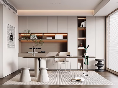 Modern Home Office Study Room With Wooden Desk Bookshelf Chair And Natural Light 3d model