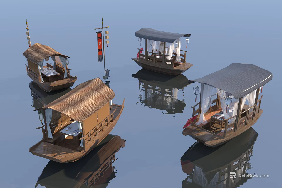 Traditional Wooden Boats with Roofed Seats and Decorative Flags on Calm Water 3d model 