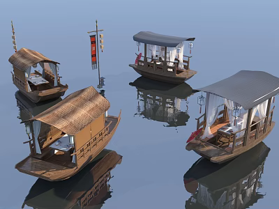 Traditional Wooden Boats with Roofed Seats and Decorative Flags on Calm Water 3d model