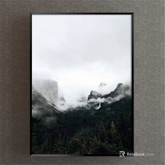 Misty Mountain Landscape with Clouds Covered Peaks Forest and Waterfall Below 3d model 