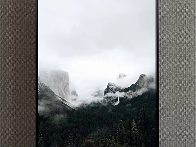 Misty Mountain Landscape with Clouds Covered Peaks Forest and Waterfall Below 3d model