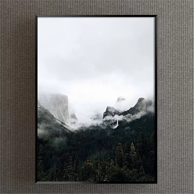 Misty Mountain Landscape with Clouds Covered Peaks Forest and Waterfall Below 3d model