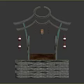 Traditional Bridge Structure With Curved Railing Red White Lanterns Stone Steps And Green Ground