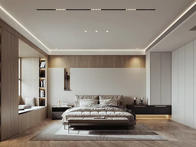 Modern Bedroom Interior Design With Built in Shelves Wooden Elements and Ceiling Lights 3d model