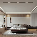 Modern Bedroom Interior Design With Built in Shelves Wooden Elements and Ceiling Lights