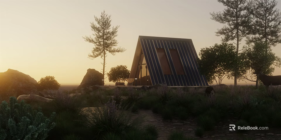 A Frame Wooden Cabin Exterior View With Sunset Trees And Natural Grass Surroundings 3d model 