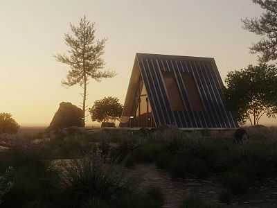 A Frame Wooden Cabin Exterior View With Sunset Trees And Natural Grass Surroundings 3d model