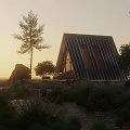 A Frame Wooden Cabin Exterior View With Sunset Trees And Natural Grass Surroundings
