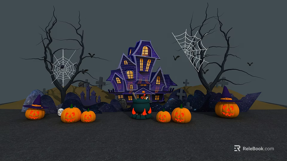 Halloween Scene With Purple Haunted House Pumpkins Spider Webs And Witch Hats 3d model 
