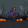 Halloween Scene With Purple Haunted House Pumpkins Spider Webs And Witch Hats