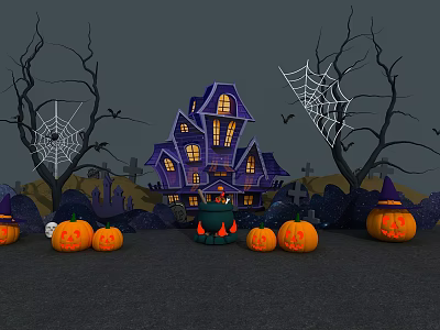 Halloween Scene With Purple Haunted House Pumpkins Spider Webs And Witch Hats 3d model
