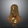 Golden Human Bust Sculpture With Shiny Braided Hair And Smooth Base Against Dark Background