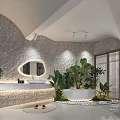 Modern Hotel Room Interior Featuring Comfortable Bed Rest Area And Green Plant Decorations