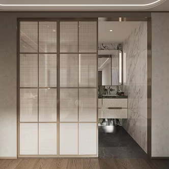 Modern Sanitary Door Wire-clamped Glass Sliding Door 3d model