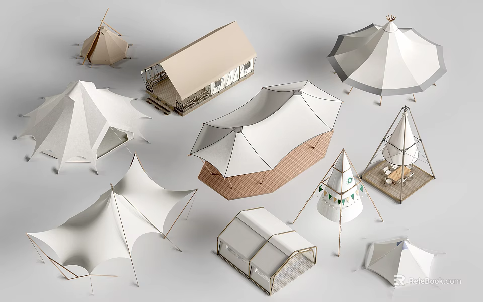 Various Designed Camping Tents With Diverse Shapes Different Structures And Outdoor Styles 3d model 