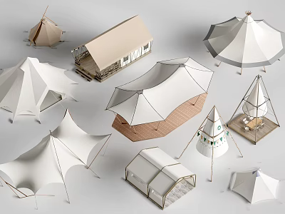 Various Designed Camping Tents With Diverse Shapes Different Structures And Outdoor Styles 3d model