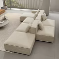 Modern Beige L-shaped Sofa Coffee Table Set with Round Table Wooden Accents and Green Plant