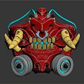Red Mechanical Monster Toy With Glowing Blue Accents Gold Horns And Wheels