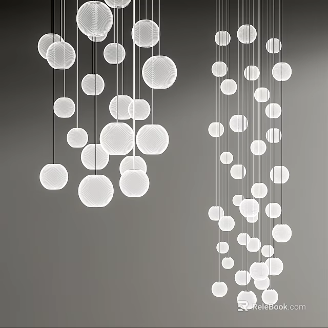 Multiple White Round Pendant Lights Hanging In Modern Interior With Gray Background 3d model