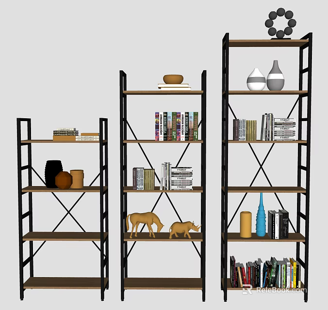 Metal Frame Wooden Shelf Storage Units with Books and Decorative Items 3d model 
