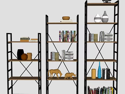 Metal Frame Wooden Shelf Storage Units with Books and Decorative Items 3d model