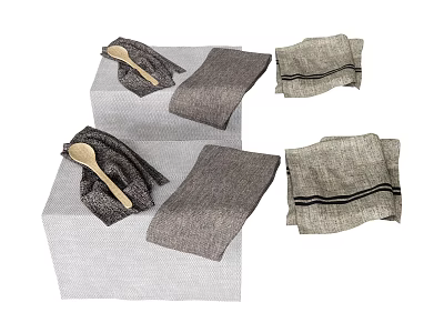 Kitchen Linen Set With Gray Beige Dish Towels Napkins And Wooden Spoon 3d model