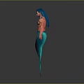 Muscular Male Mermaid With Blue Long Hair And Green Fish Tail On Dark Background