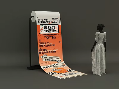 Woman Figure Next To Rolled Anniversary Promotion Poster With Fashion Style 3d model