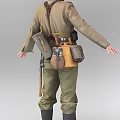 Man in green military uniform with pockets belt and bag arms outstretched