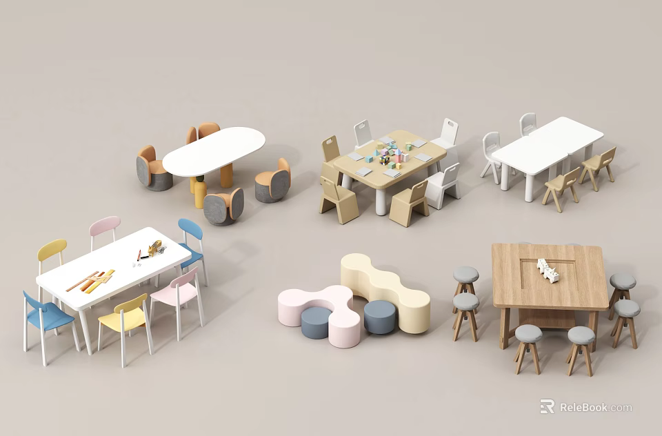 Multiple Kids Tables With Various Designs And Colorful Matching Chairs For Children 3d model 