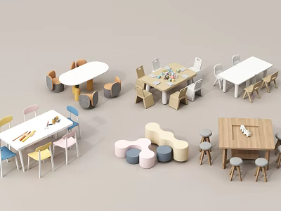 Multiple Kids Tables With Various Designs And Colorful Matching Chairs For Children 3d model