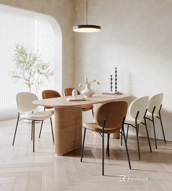 Modern Dining Table Set with White and Brown Chairs Decorative Vase Candle Holders Natural Light 3d model 