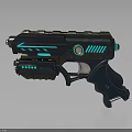 Sci Fi Futuristic Gun With Blue Luminous Accents Circular Emblem And Sleek Dark Design