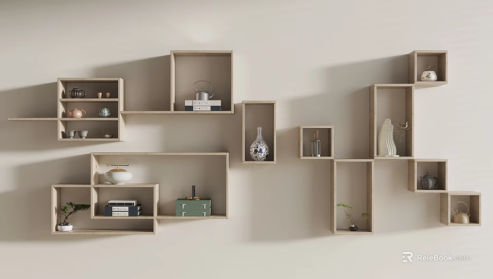 Modern Minimalist Wall Mounted Shelving With Geometric Design And Decorative Vases Books Plants 3d model 