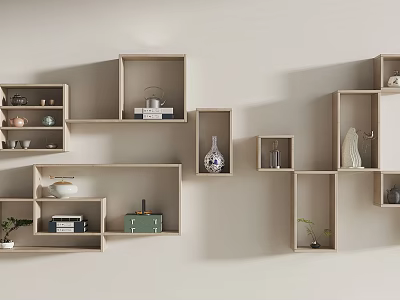 Modern Minimalist Wall Mounted Shelving With Geometric Design And Decorative Vases Books Plants 3d model