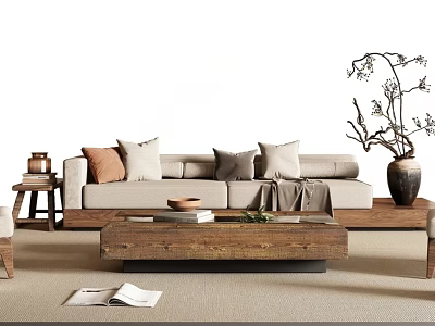 Modern Beige Sofa and Wooden Coffee Table Set with Mixed Color Cushions and Decorative Branches 3d model