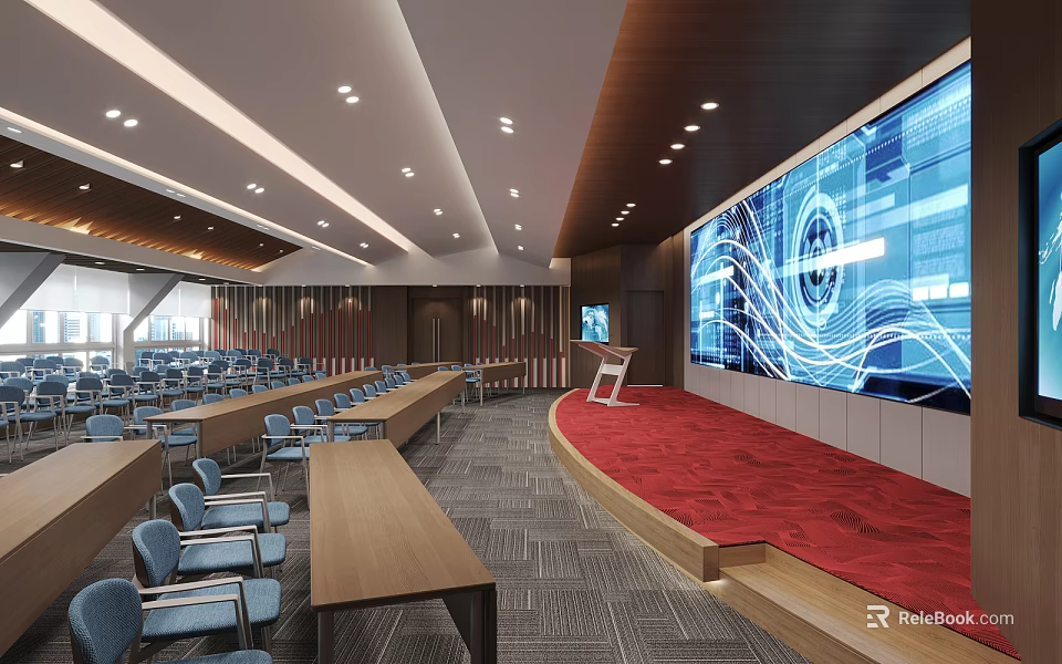 Modern Conference Room Interior Design With Large LED Screen Seating Podium And Red Carpet 3d model 