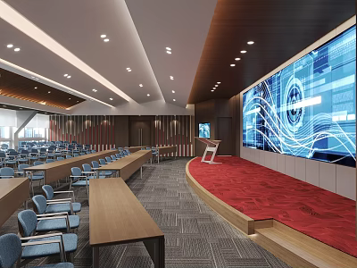 Modern Conference Room Interior Design With Large LED Screen Seating Podium And Red Carpet 3d model