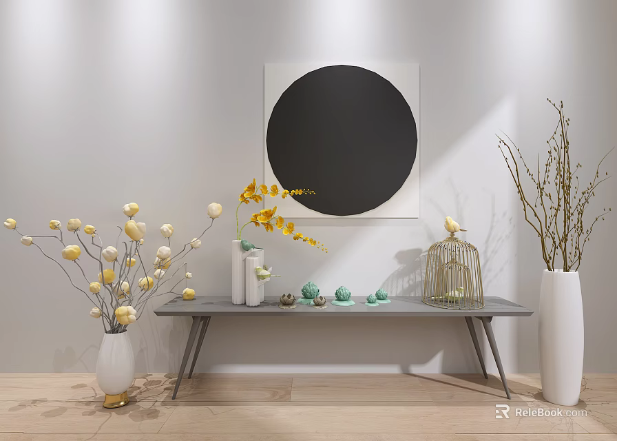 Contemporary Decorative Ornament Set on Console Table with Circular Black Painting Vases Flowers and Birdcage 3d model 